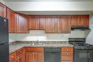 Kitchen appliances, cabinets, and coutertops